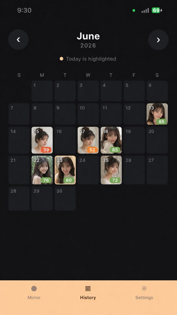 Mira's history calendar showing daily smile photos with their scores